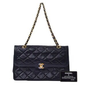 CHANEL Matelasse Coco Mark Double Flap Chain Shoulder Bag Black Lambskin Paris